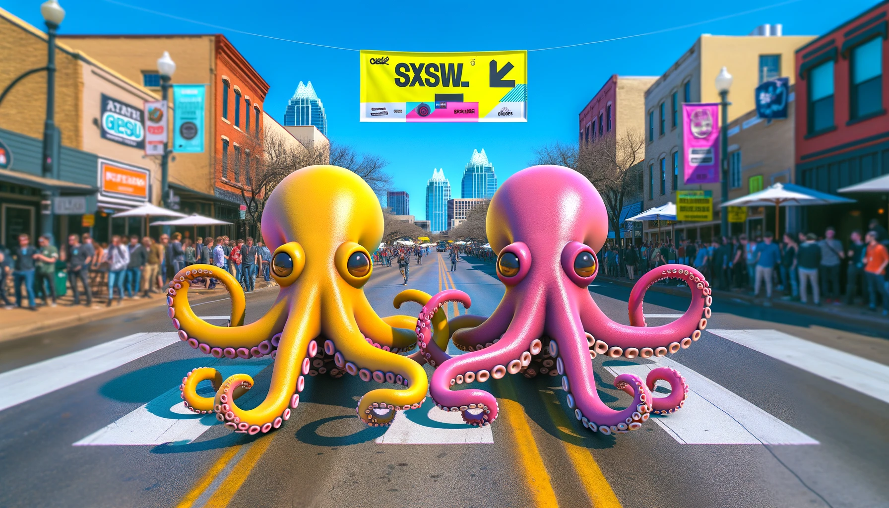 An animated images of two Octopi walking in downtown Austin, TX. A SXSW banner is in the background