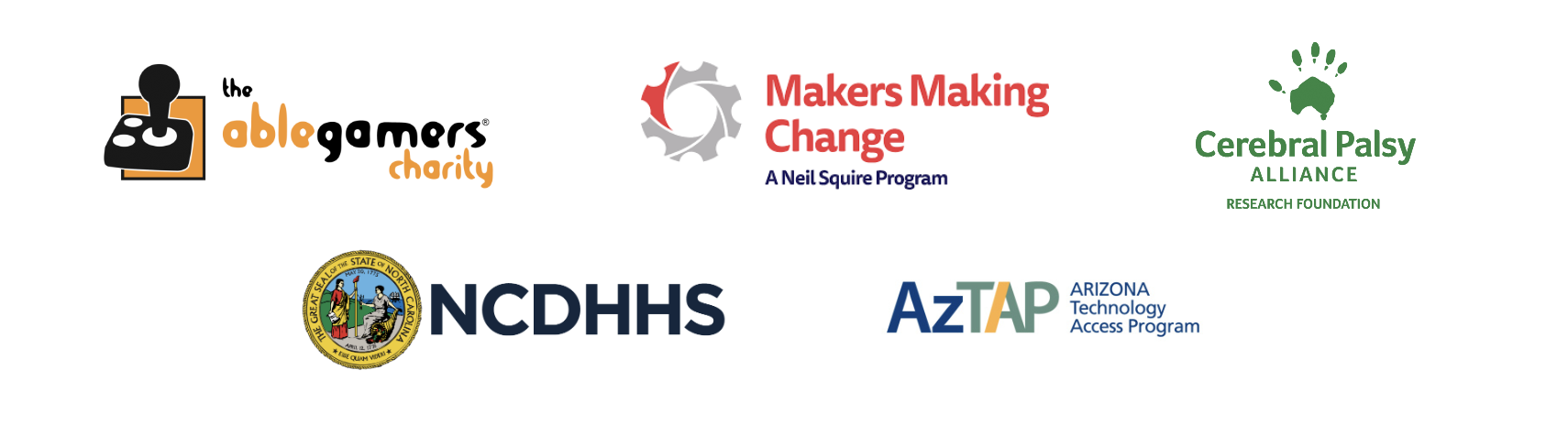 An image of partner logos: Able Gamers, Makers Making Change, Cerebral Palsy Alliance Research Foundation, NCDHHS, AZTap