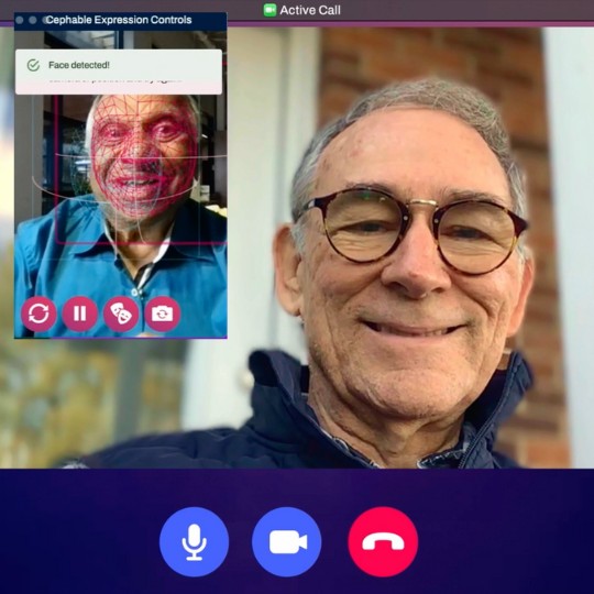 User on a video call with Cephable’s camera controls feature highlighting expressions to control tech