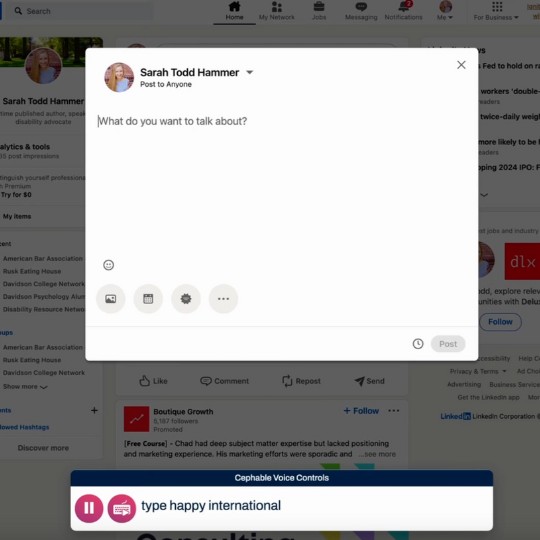 Cephable’s voice controls typing a LinkedIn post using speech-to-text technology for hands-free interaction